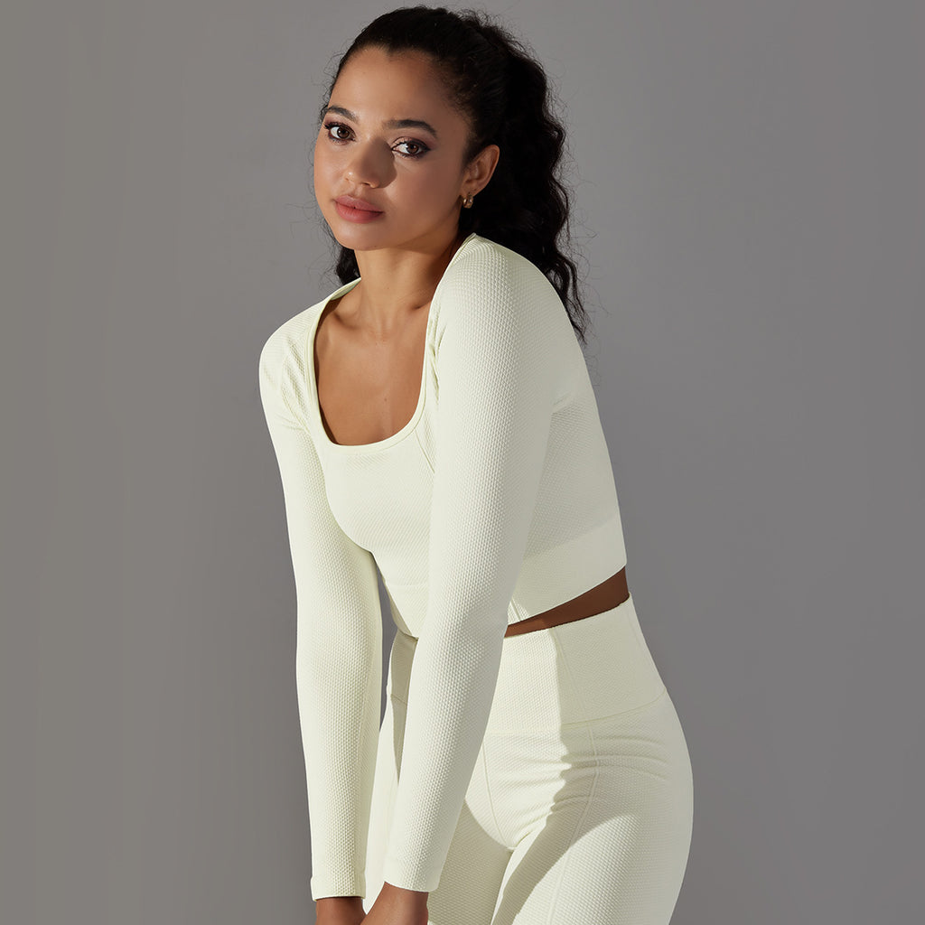 Seamless Textured Pointelle Long Sleeve: Low-Cut Body-Sculpting Yoga Top & Tummy Control Performance Tee