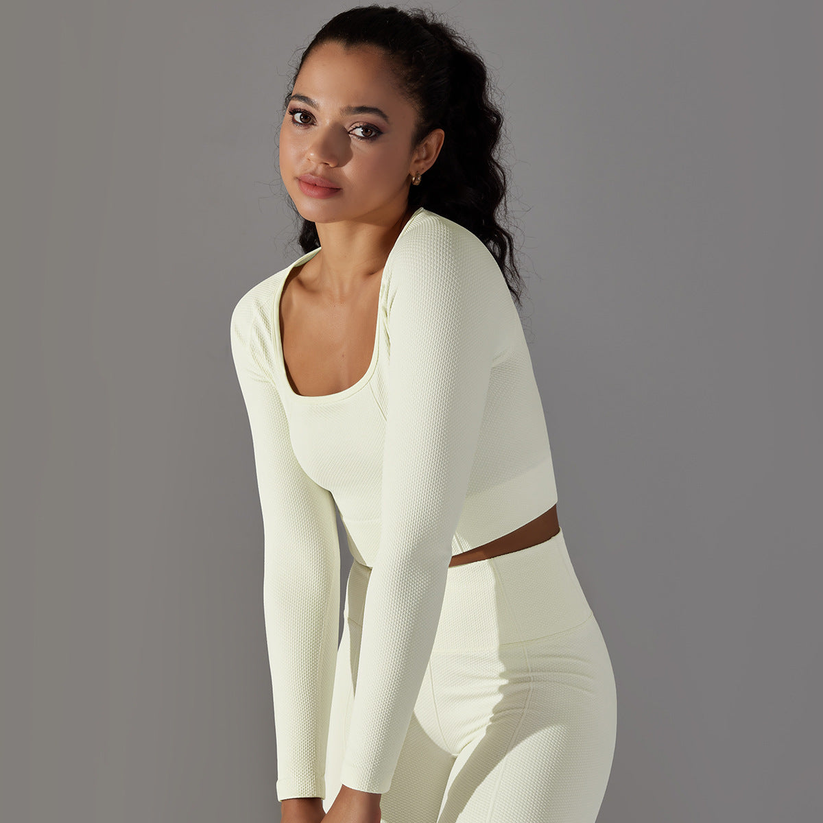 Seamless Textured Pointelle Long Sleeve: Low-Cut Body-Sculpting Yoga Top & Tummy Control Performance Tee