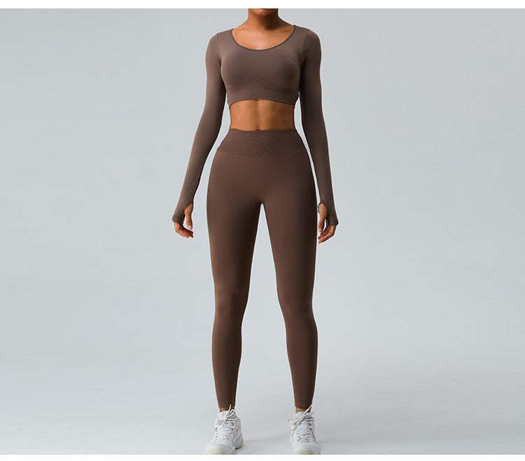 Ensemble de Yoga Sans Couture Automne/Hiver : Haut Sexy Manches Longues à Bretelles Croisées & Legging Taille Haute Push-Up Effet Scrunch
