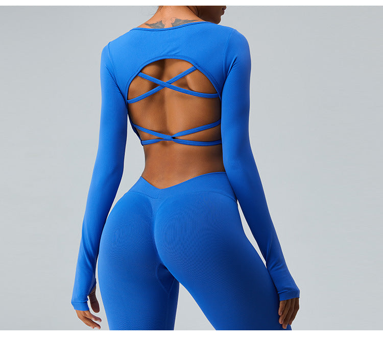 Ensemble de Yoga Sans Couture Automne/Hiver : Haut Sexy Manches Longues à Bretelles Croisées & Legging Taille Haute Push-Up Effet Scrunch