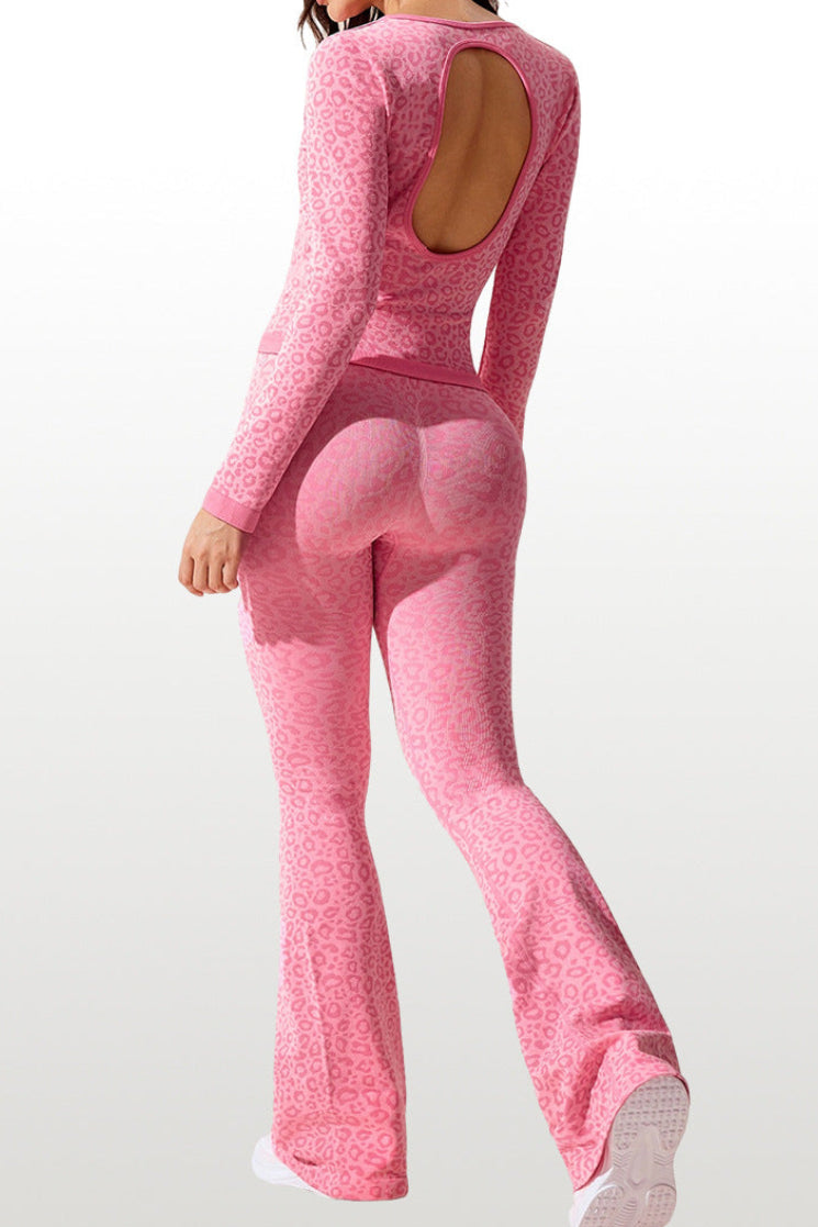Ensemble de yoga femme imprimé léopard — Haut à manches longues zippé sur le devant et dos découpé & Legging évasé taille haute rehausseur de fessier