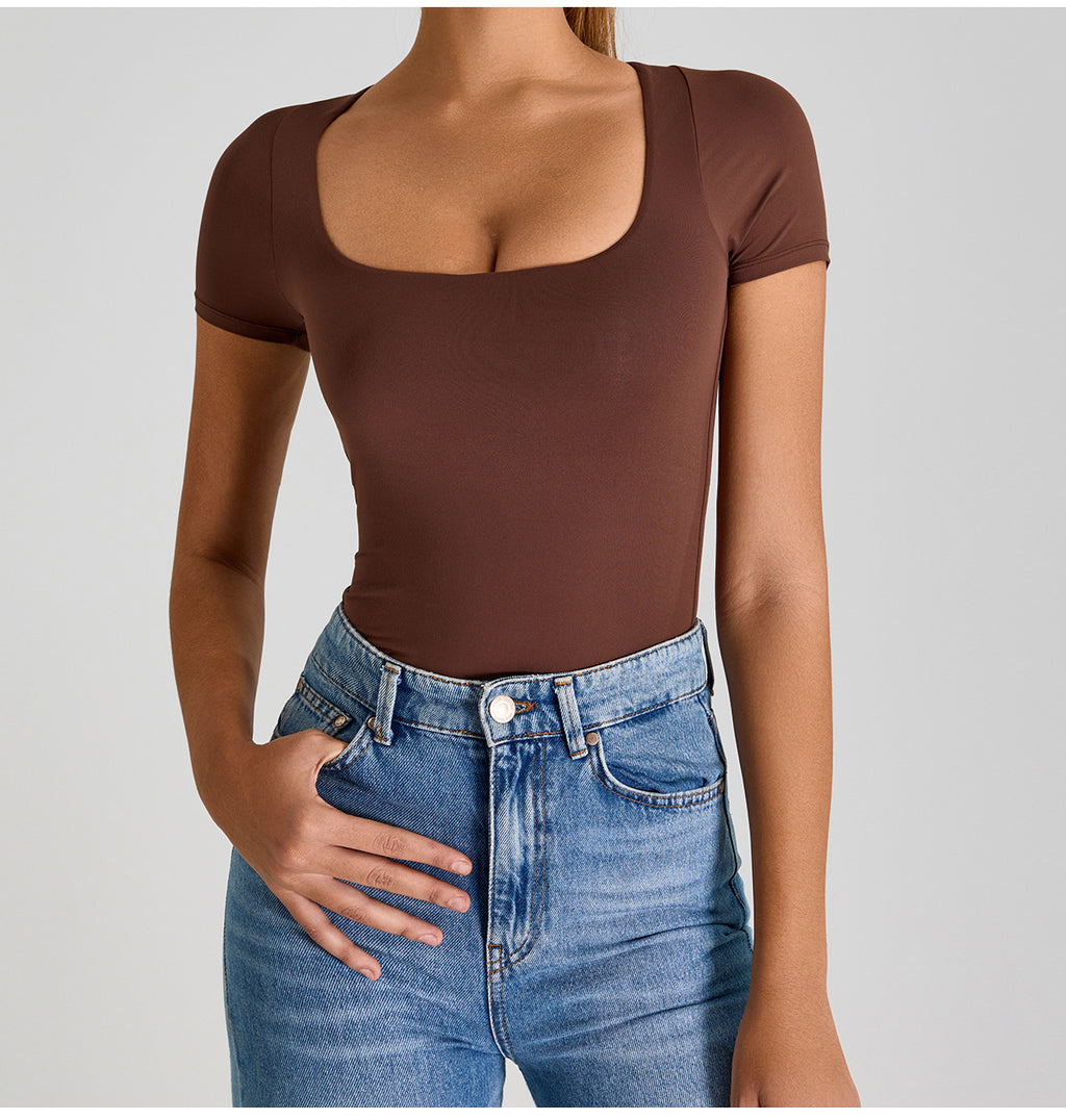 Seamless Square-Neck Shrug-Style Yoga T-Shirt: Slim-Fit Short Sleeve Activewear for Running & Gym