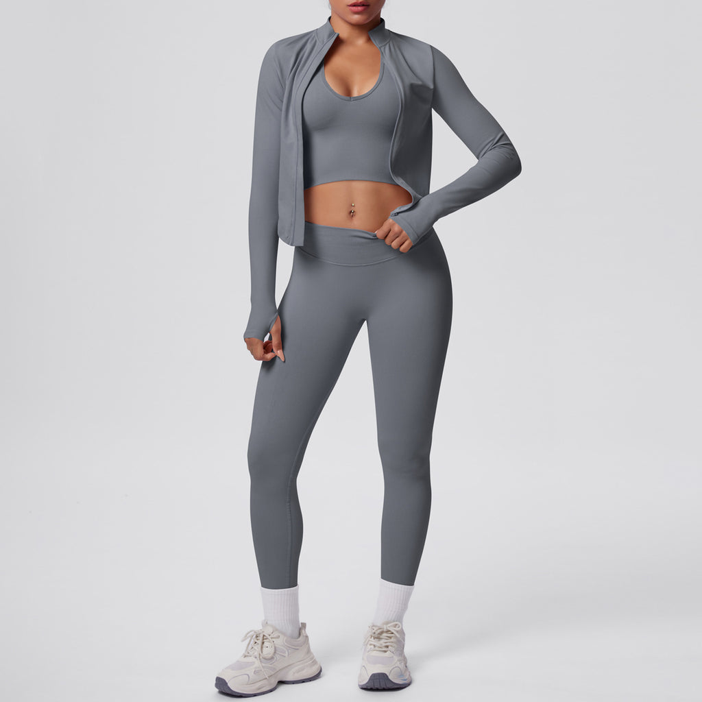Ensemble de yoga 3 pièces sans coutures : Tenue d'entraînement respirante et très extensible - Soutien-gorge de sport, haut ajusté et leggings taille haute