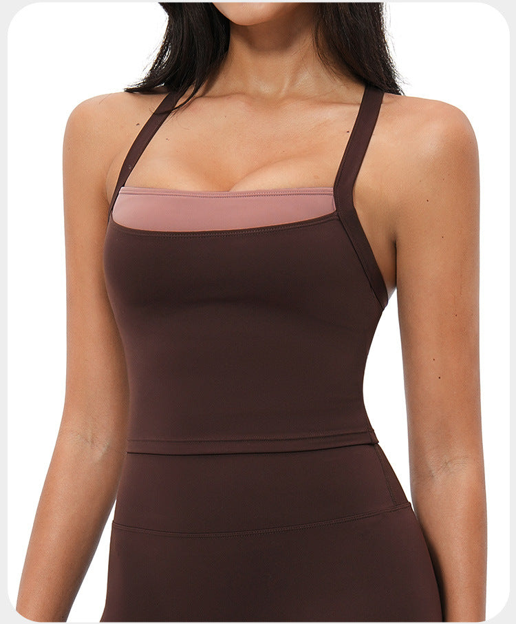 Débardeur de yoga pour femme, effet seconde peau, avec soutien-gorge de sport intégré, bloc de couleurs et dos croisé, idéal pour les activités sportives en extérieur.
