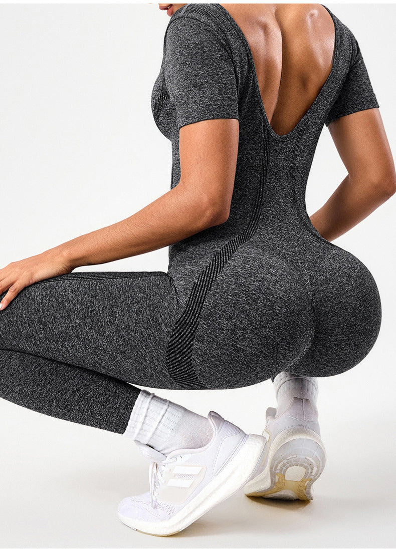 Combinaison de yoga à manches courtes dos nu brossée color block pour femmes, coupe ajustée, contrôle du ventre et lifting des fesses, pantalon d'entraînement une pièce pour la course en extérieur
