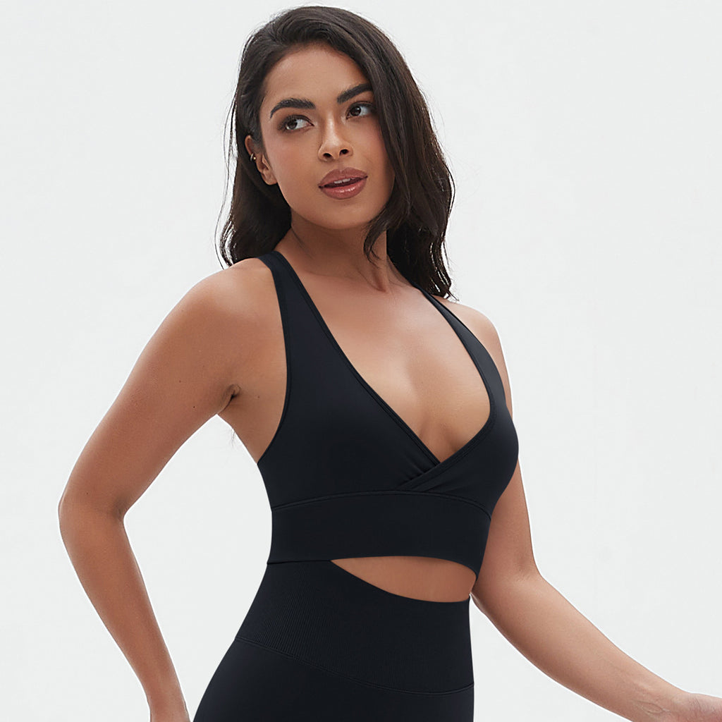 Seamless Criss-Cross Back Sports Bra: Sexy Strappy Yoga Bralette & High-Stretch Solid Color Fitness Running Top