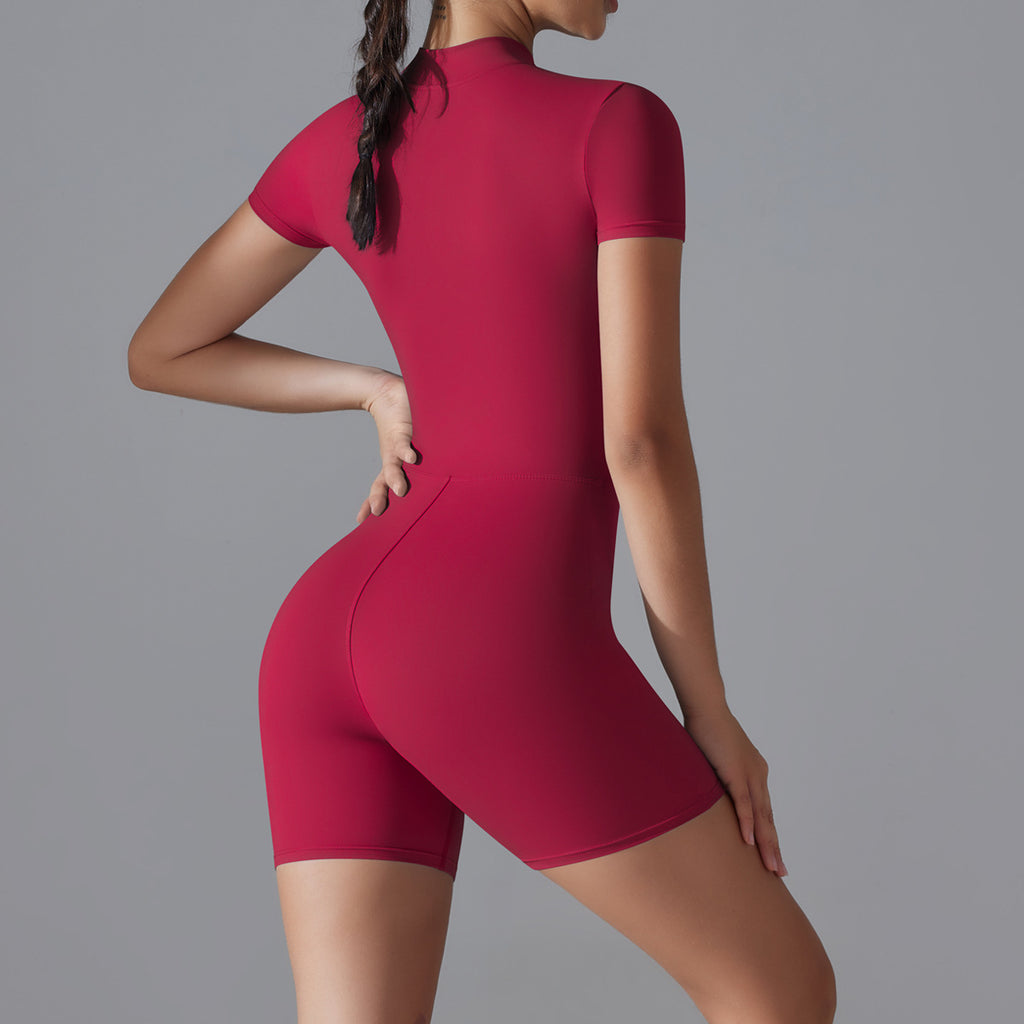 Combinaison de yoga à manches courtes et fermeture éclair sur le devant : Bodysuit de danse gainant sans couture et combinaison athlétique cycliste.
