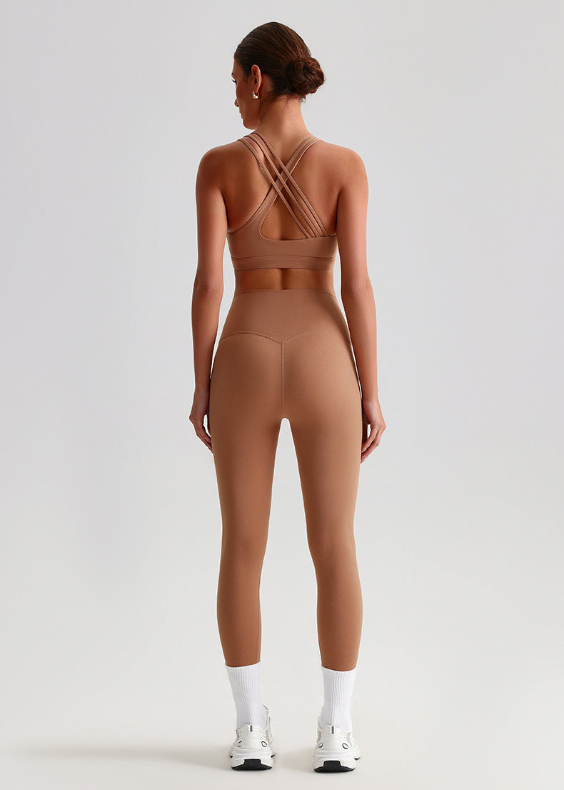 Brushed Nude-Feel Yoga Set: Open-Back Sports Bra & High-Waisted Tummy-Control Workout Leggings