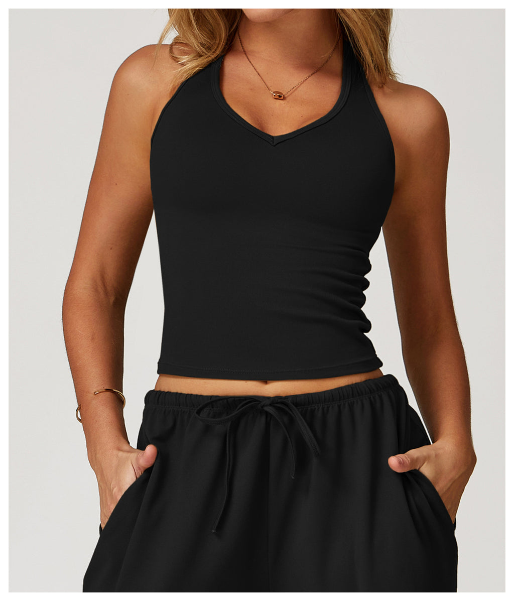 Débardeur de yoga brossé pour femme, brassière de sport décolleté en V coupe slim avec dos nageur pour la course et l'entraînement
