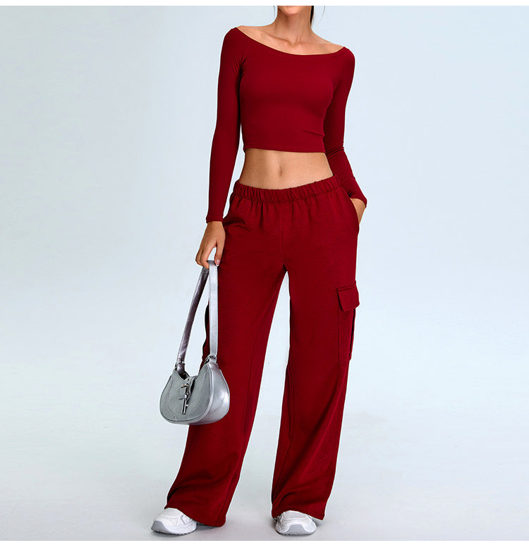 Seamless Ribbed Yoga T-Shirt: Off-the-Shoulder Slim-Fit Long Sleeve for Pilates & Running
