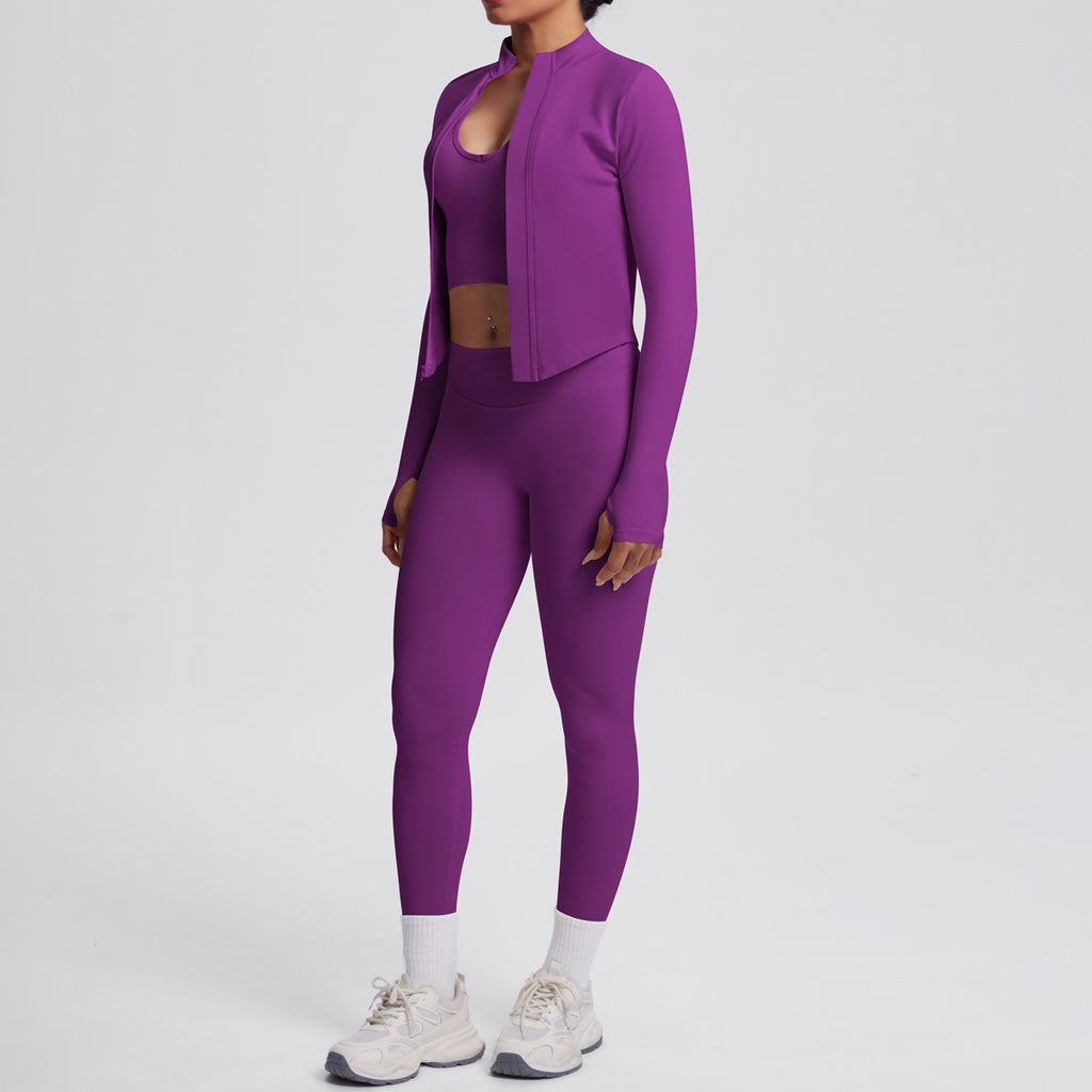 Ensemble de yoga 3 pièces sans coutures : Tenue d'entraînement respirante et très extensible - Soutien-gorge de sport, haut ajusté et leggings taille haute