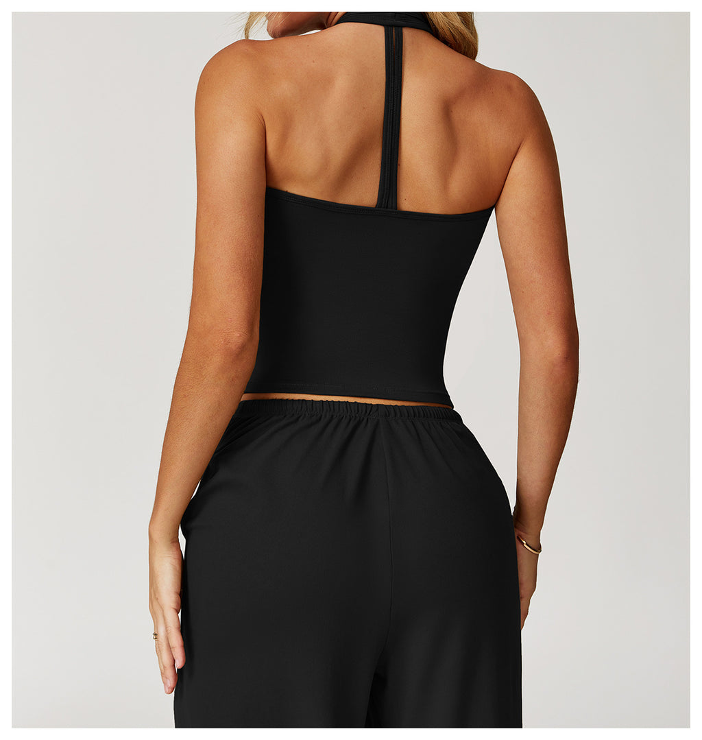 Débardeur de yoga brossé pour femme, brassière de sport décolleté en V coupe slim avec dos nageur pour la course et l'entraînement