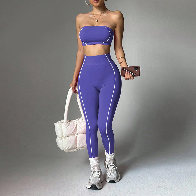 Women's Color Block Yoga Set, Wrap Bandeau Top & Slim Fit Peach Booty Pants, Workout Fitness Outfit