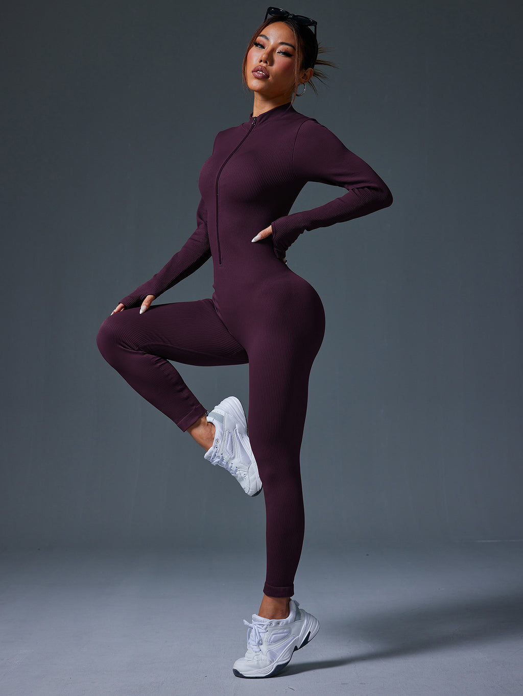 Women's Fall & Winter One-Piece Yoga Jumpsuit, Zip Up Stand Collar Long Sleeve with Thumb Holes, Tummy Control & Butt Lifting Fitness Bodysuit