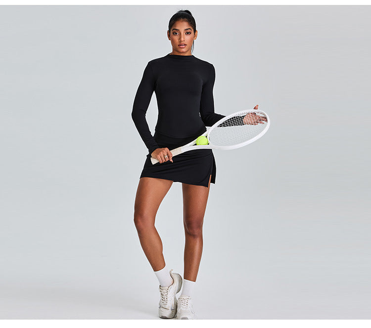 Long Sleeve Slim-Fit Yoga Set: High-Waisted A-Line Sports Skirt with Built-in Shorts & Fitness Outfit