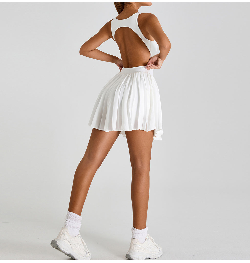 Seamless Cut-Out Athletic Dress: 2-in-1 Pleated Tennis Skort with Built-in Romper & Open-Back Fitness Mini Dress