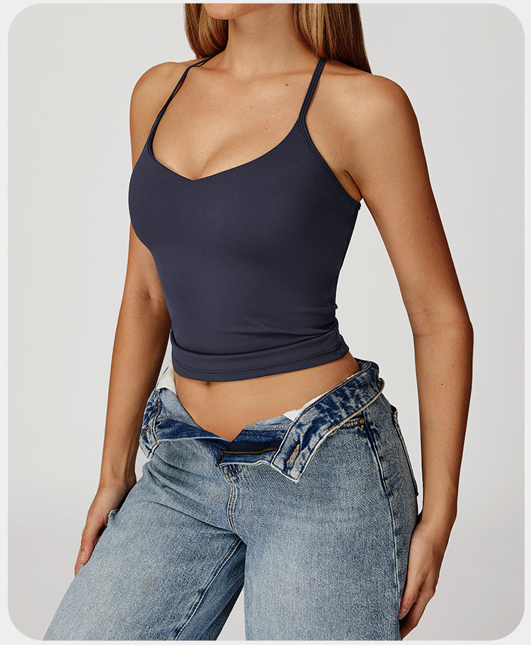 Débardeur de yoga à sensation seconde peau pour femme, haut de fitness à séchage rapide dos croisé, gilet de sport de course en extérieur