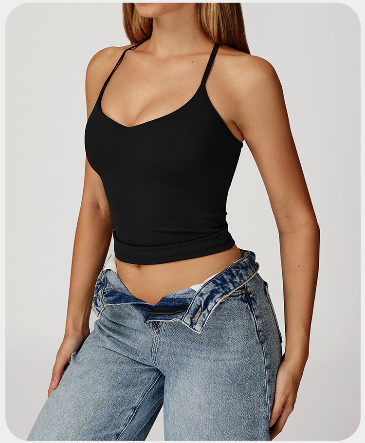 Débardeur de yoga à sensation seconde peau pour femme, haut de fitness à séchage rapide dos croisé, gilet de sport de course en extérieur