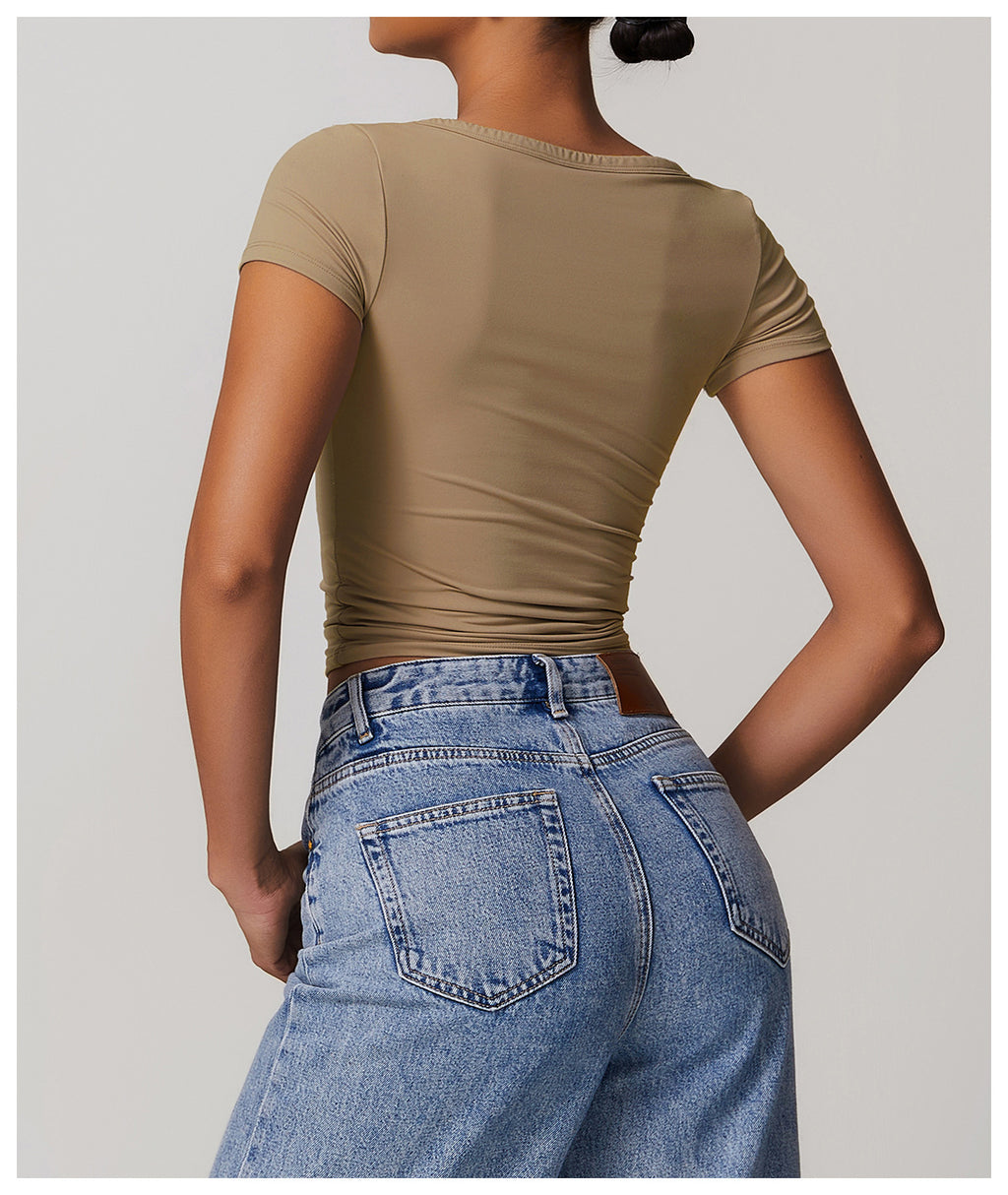 T-shirt de sport côtelé à manches courtes, col en V, pour femme, style européen et américain, idéal pour la course, le fitness et le yoga.
