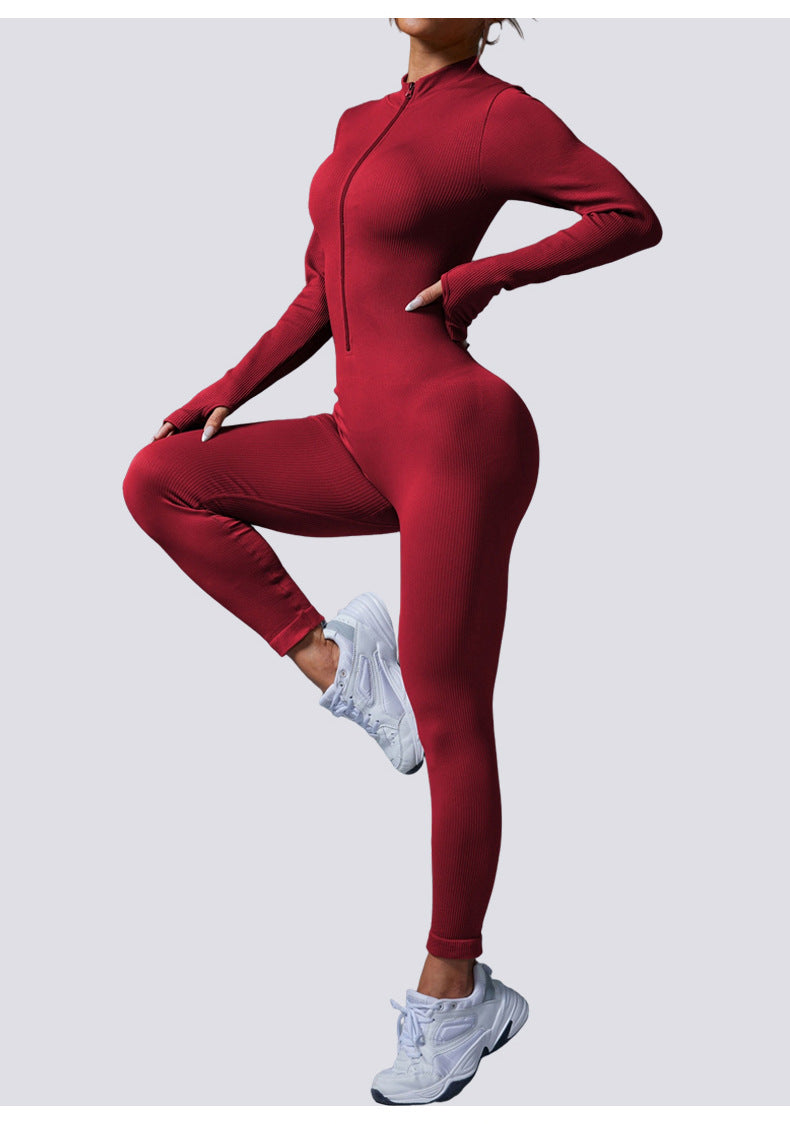 Combinaison de yoga une pièce pour femme, automne et hiver, col montant zippé, manches longues avec trous pour les pouces, contrôle du ventre et lifting des fesses