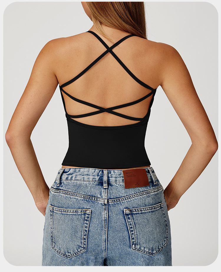 Débardeur de yoga à sensation seconde peau pour femme, haut de fitness à séchage rapide dos croisé, gilet de sport de course en extérieur