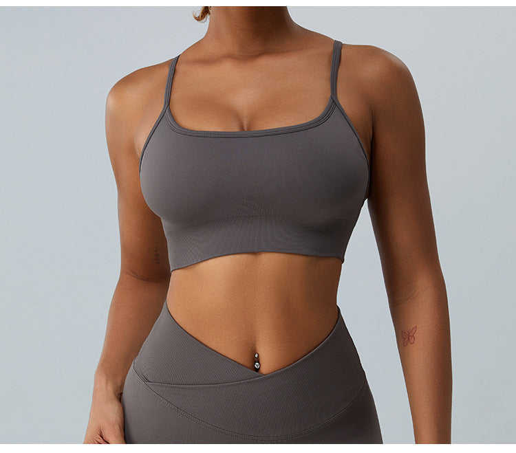 Seamless Skinny-Strap Yoga Cami: Criss-Cross Back Sports Bra & Padded Fitness Tank Top
