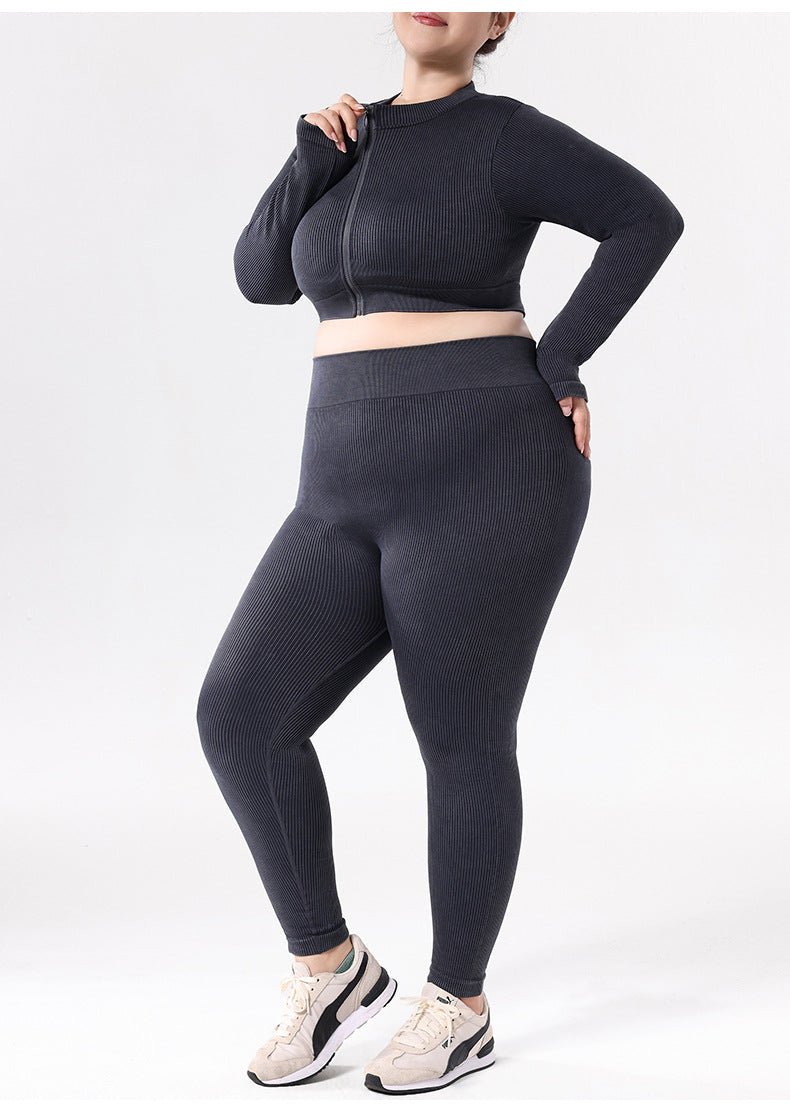 Ensemble de yoga brossé grande taille pour femmes, haut zippé à manches longues avec trous pour les pouces et leggings taille haute galbants