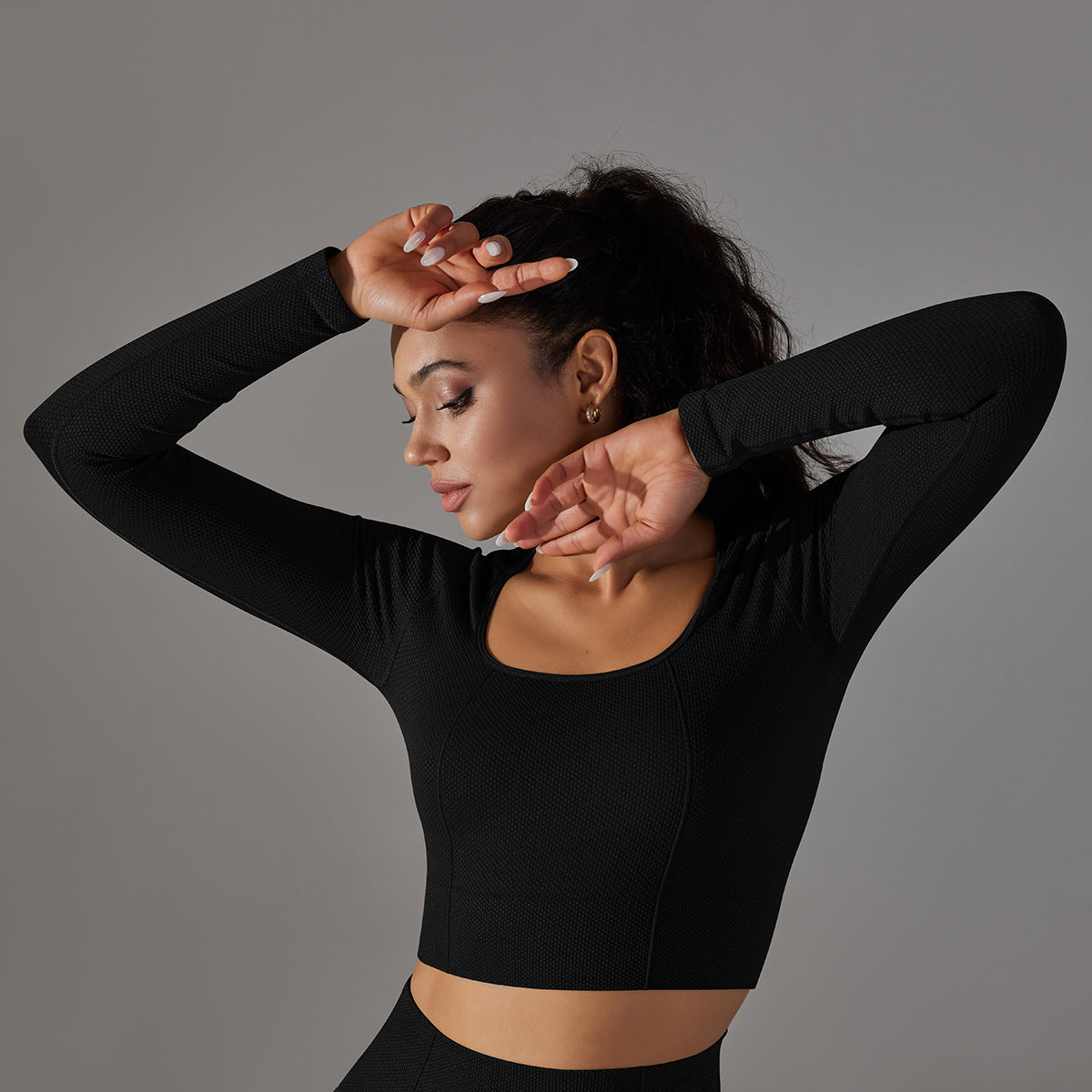 Seamless Textured Pointelle Long Sleeve: Low-Cut Body-Sculpting Yoga Top & Tummy Control Performance Tee