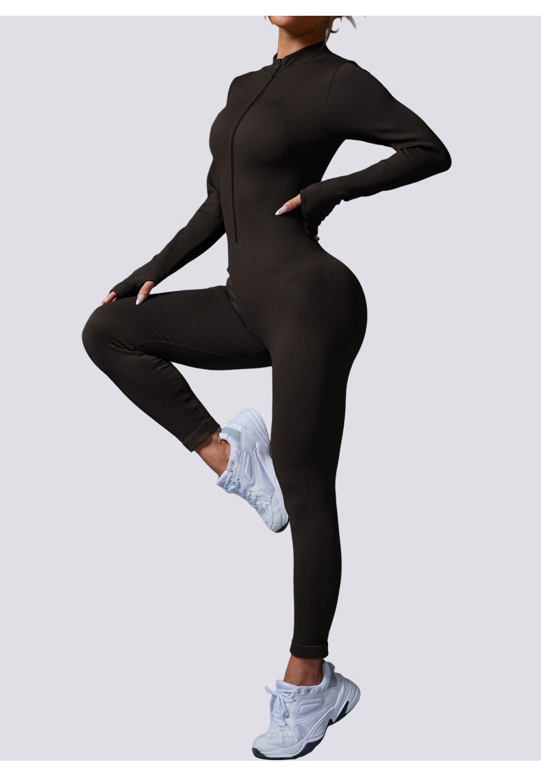 Women's Fall & Winter One-Piece Yoga Jumpsuit, Zip Up Stand Collar Long Sleeve with Thumb Holes, Tummy Control & Butt Lifting Fitness Bodysuit
