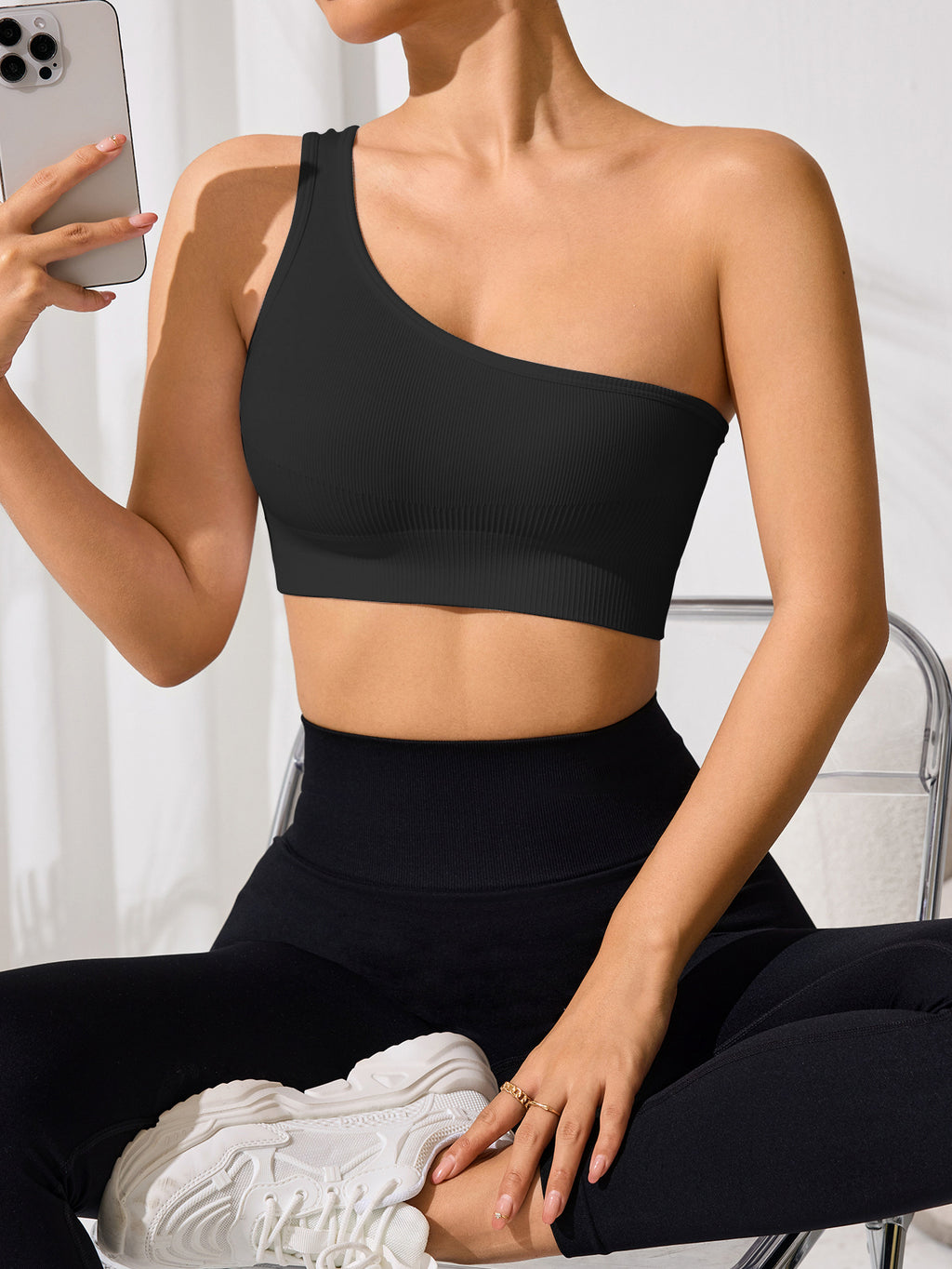Débardeur de sport sexy pour femme, coupe ajustée, épaules dénudées, une bretelle, pour le yoga, la course à pied, le fitness, printemps et été