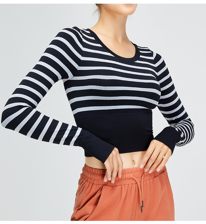 Nude-Feel Color-Block Yoga Long Sleeve: Breathable Cropped Workout Top & Slim-Fit Fitness Tee