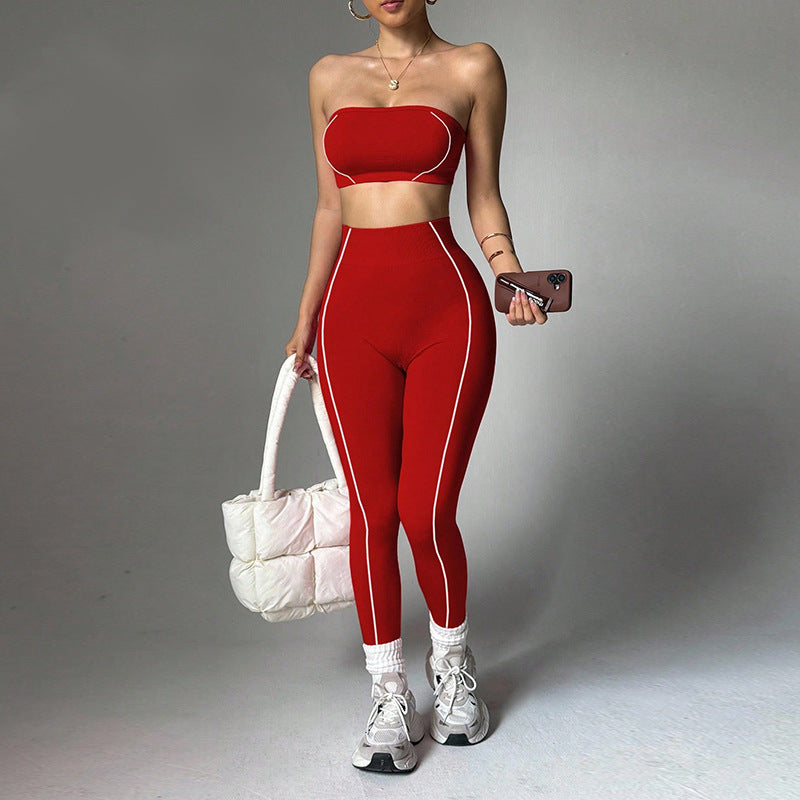 Women's Color Block Yoga Set, Wrap Bandeau Top & Slim Fit Peach Booty Pants, Workout Fitness Outfit