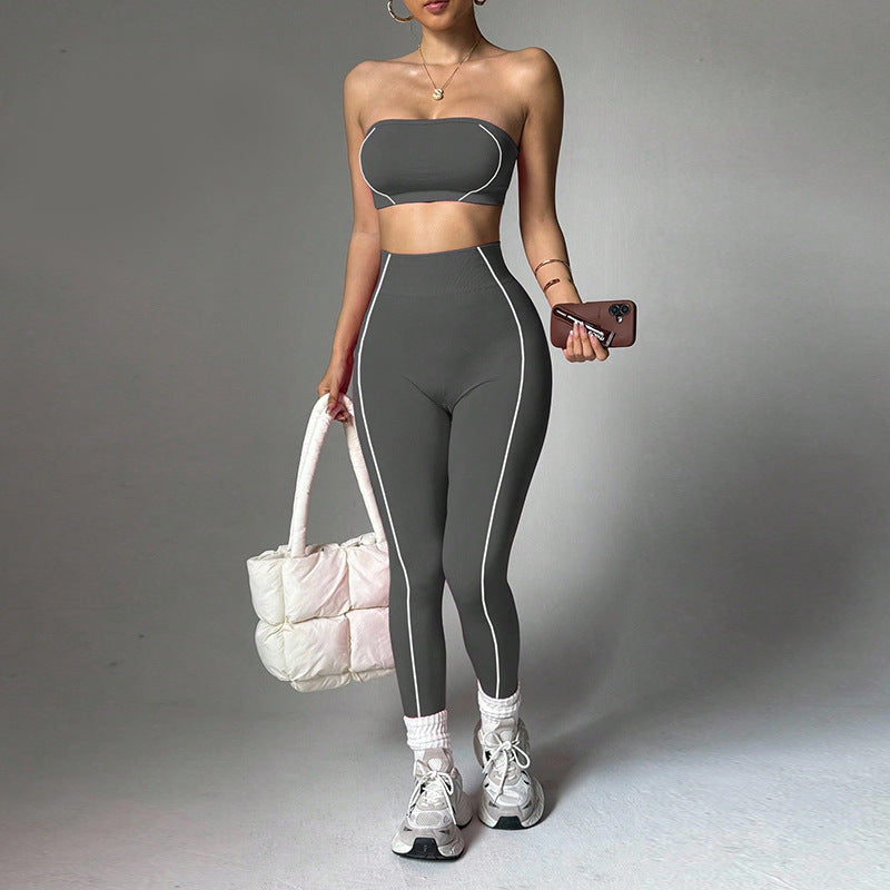 Women's Color Block Yoga Set, Wrap Bandeau Top & Slim Fit Peach Booty Pants, Workout Fitness Outfit