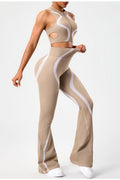 Women's Color Block Yoga Set, Zip Up Sleeveless Racerback Sports Bra Top & Peach Booty Flared Yoga Leggings