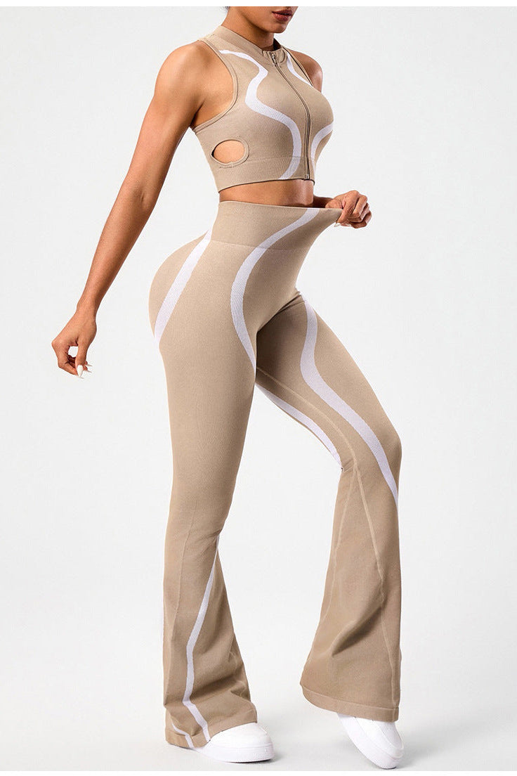 Ensemble de yoga color block pour femme, avec brassière de sport sans manches à fermeture éclair et dos nageur, et legging de yoga évasé à effet push-up.