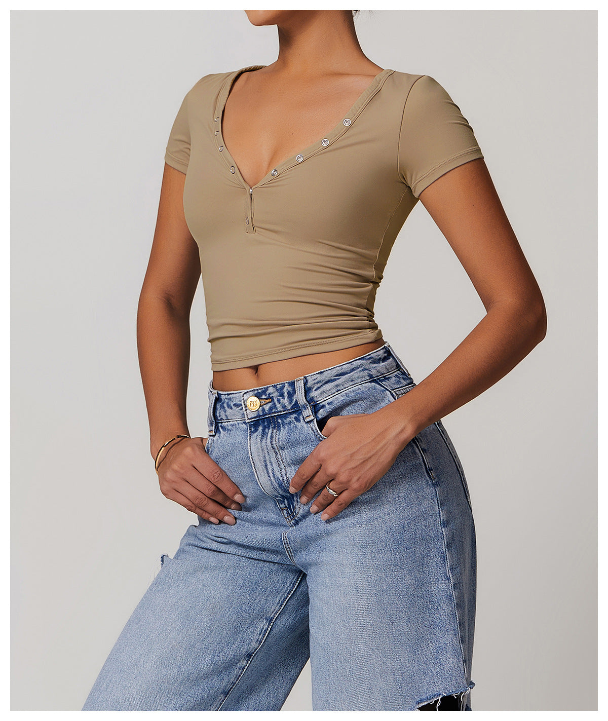 T-shirt de sport côtelé à manches courtes, col en V, pour femme, style européen et américain, idéal pour la course, le fitness et le yoga.