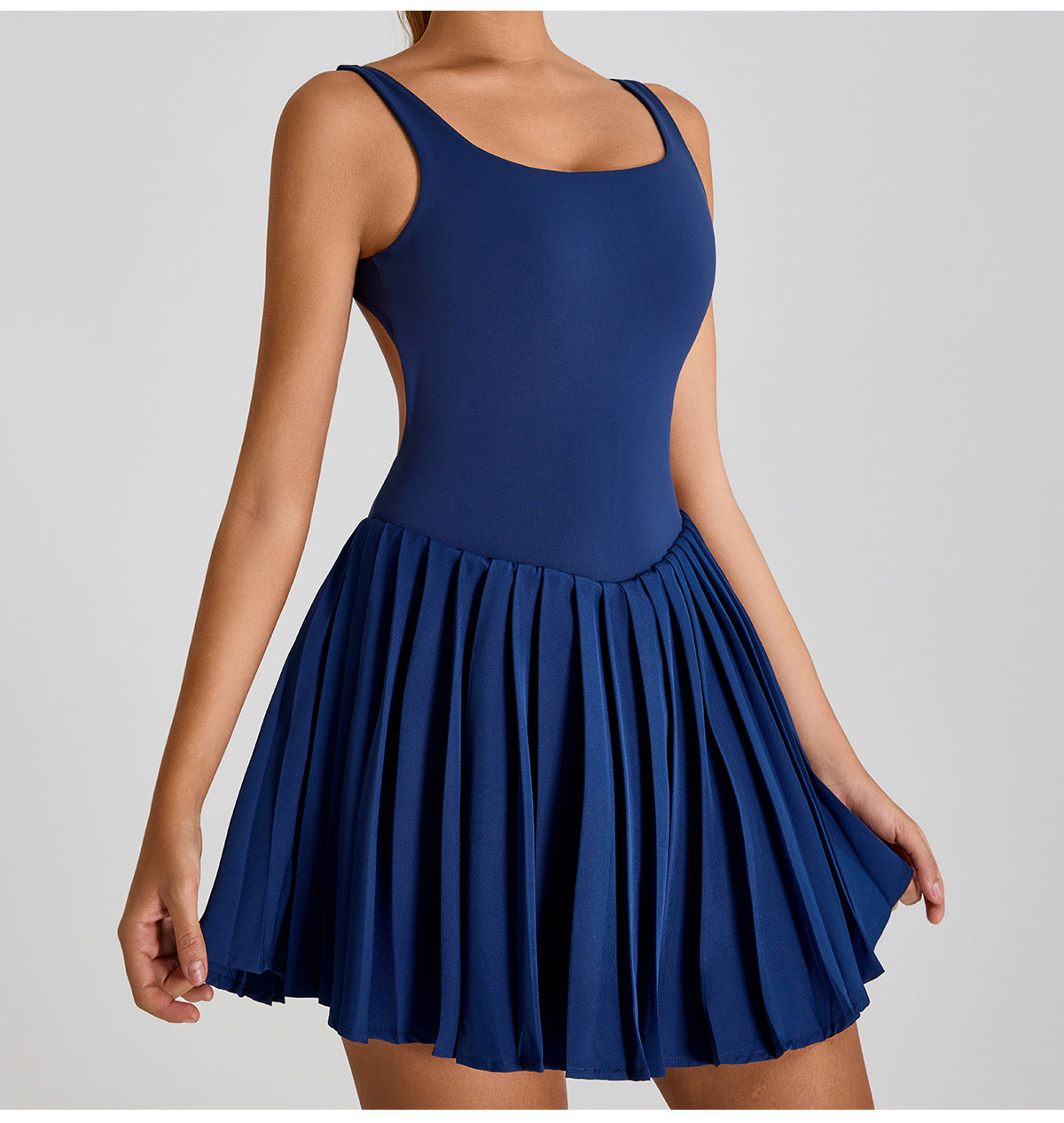 Seamless Cut-Out Athletic Dress: 2-in-1 Pleated Tennis Skort with Built-in Romper & Open-Back Fitness Mini Dress