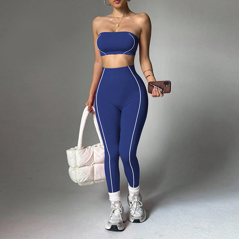 Women's Color Block Yoga Set, Wrap Bandeau Top & Slim Fit Peach Booty Pants, Workout Fitness Outfit
