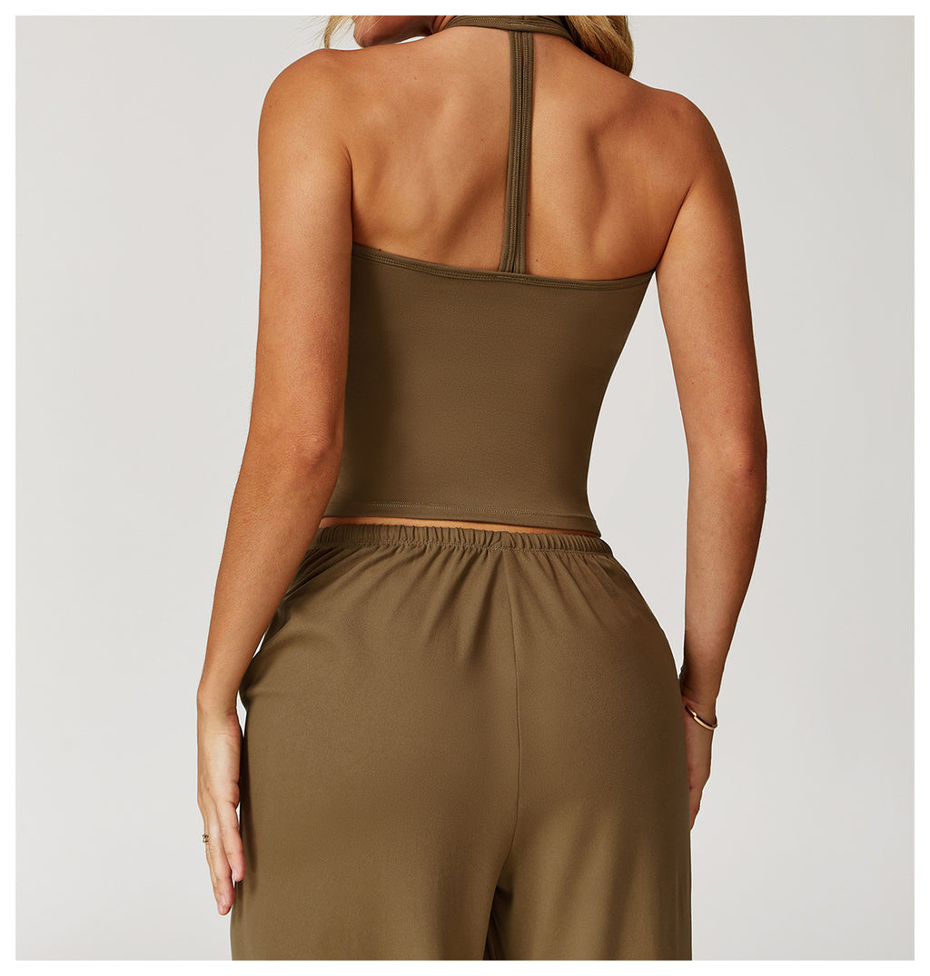 Débardeur de yoga brossé pour femme, brassière de sport décolleté en V coupe slim avec dos nageur pour la course et l'entraînement