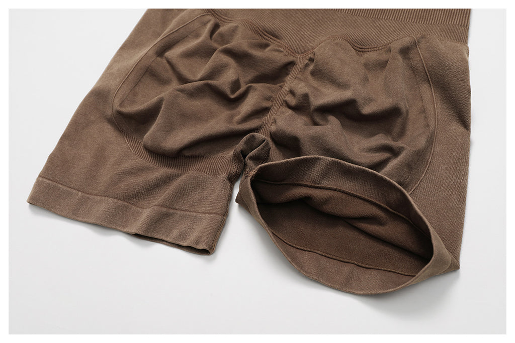 Short de yoga sans couture délavé à l'acide : Short de fitness taille haute gainant pour la course 7425