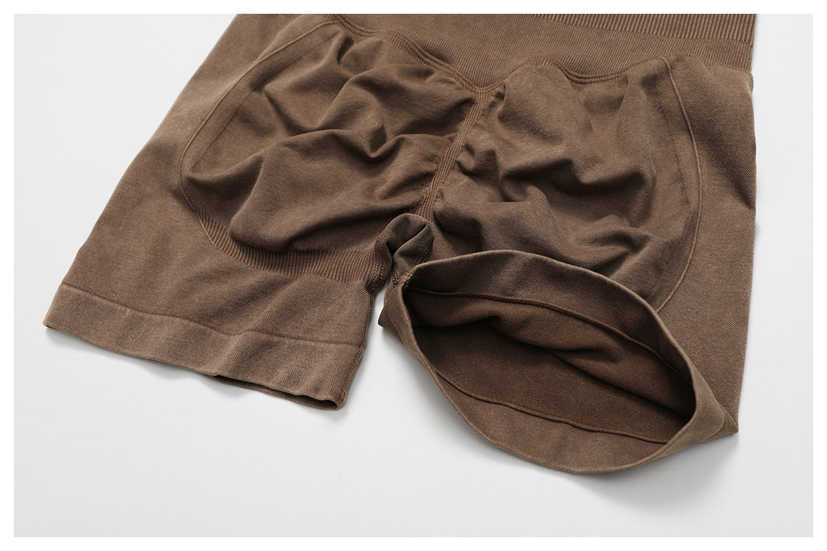 Short de yoga sans couture délavé à l'acide : Short de fitness taille haute gainant pour la course 7425