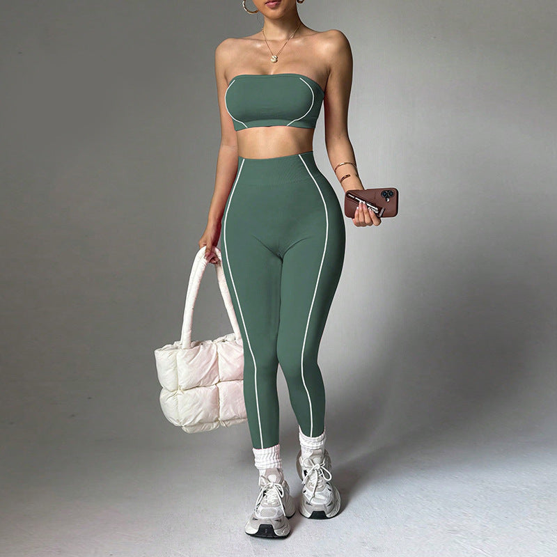 Women's Color Block Yoga Set, Wrap Bandeau Top & Slim Fit Peach Booty Pants, Workout Fitness Outfit