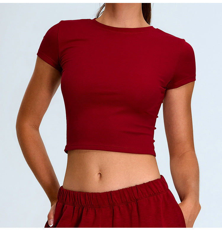 T-shirt de yoga côtelé sans coutures : Manches courtes moulantes, à séchage rapide et respirantes pour la course