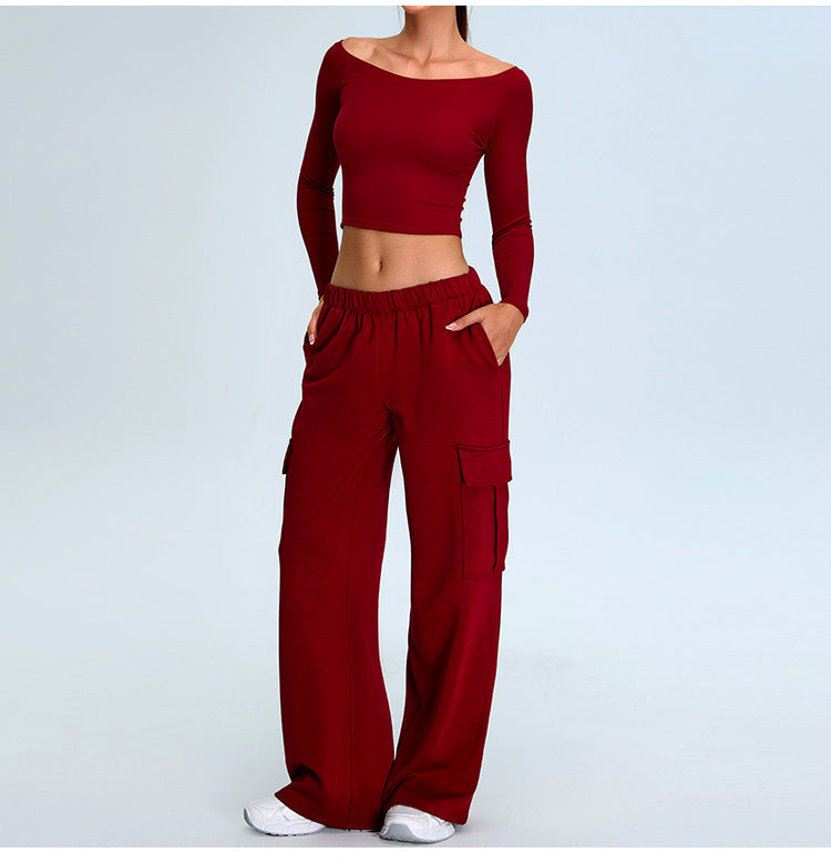 Seamless Ribbed Yoga T-Shirt: Off-the-Shoulder Slim-Fit Long Sleeve for Pilates & Running
