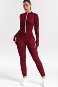 Women's Fall & Winter One-Piece Yoga Jumpsuit, Zip Up Stand Collar Long Sleeve with Thumb Holes, Tummy Control & Butt Lifting Fitness Bodysuit