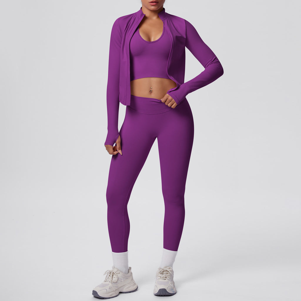 Ensemble de yoga 3 pièces sans coutures : Tenue d'entraînement respirante et très extensible - Soutien-gorge de sport, haut ajusté et leggings taille haute