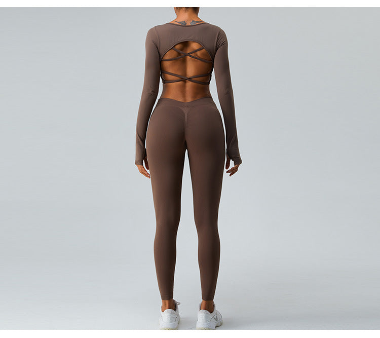 Ensemble de Yoga Sans Couture Automne/Hiver : Haut Sexy Manches Longues à Bretelles Croisées & Legging Taille Haute Push-Up Effet Scrunch