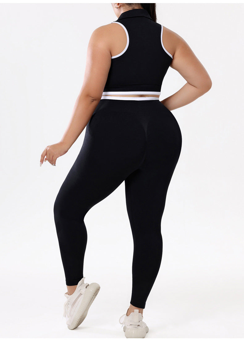 Ensemble de yoga grande taille pour femme, top court zippé à col polo et dos nageur, et pantalon taille haute galbant les fessiers