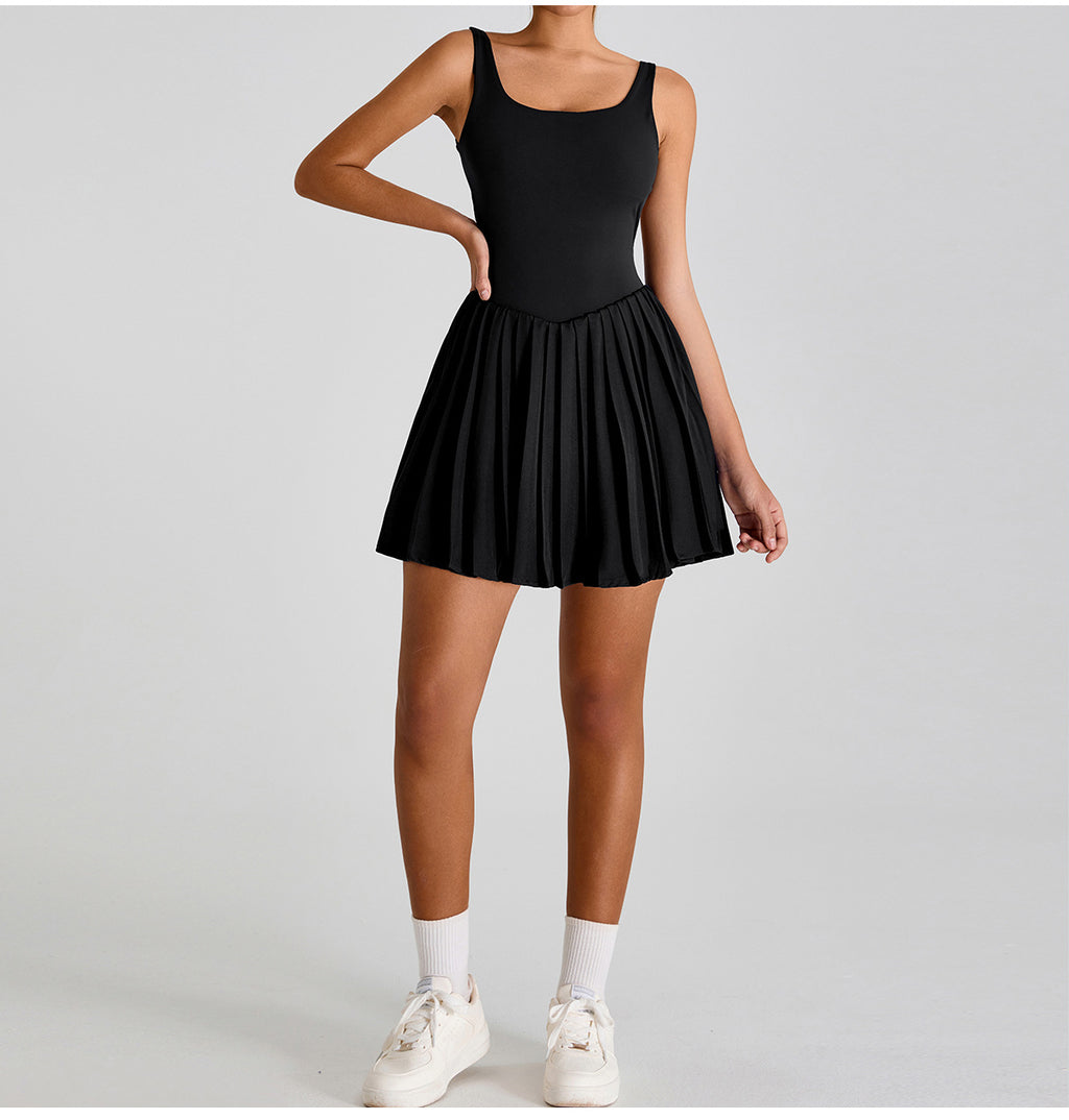Seamless Cut-Out Athletic Dress: 2-in-1 Pleated Tennis Skort with Built-in Romper & Open-Back Fitness Mini Dress