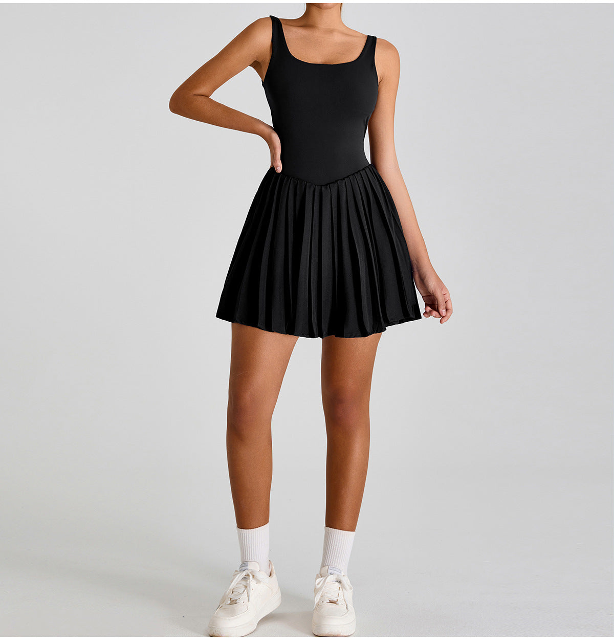 Seamless Cut-Out Athletic Dress: 2-in-1 Pleated Tennis Skort with Built-in Romper & Open-Back Fitness Mini Dress